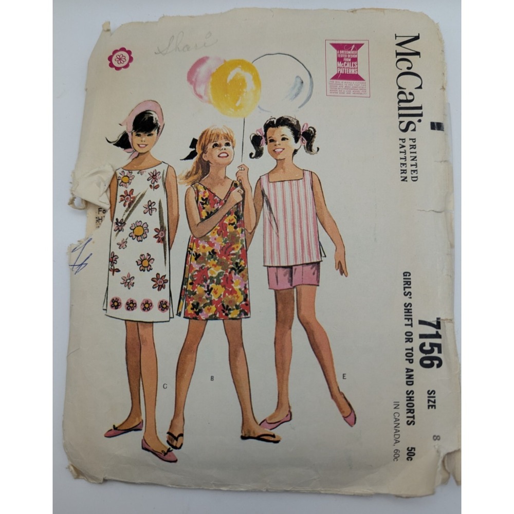 MCCALLS 7156 Girls Shift Dress Top Shorts Size 8 Vintage Sewing Pattern Comp Cut